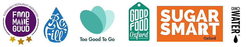 Gallery of Sustainable Restaurant Association, Refill, Too Good To Go, Good Food Oxford, Sugar Smart Oxford and CanO Water logos