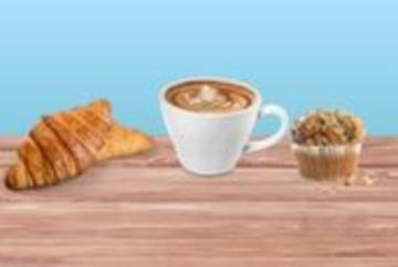 Illustration of cup of coffee, croissant and muffin