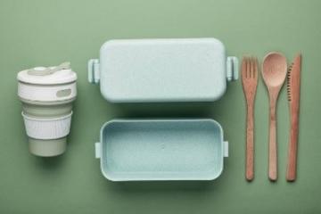 Reusable coffee cup, lunch box and wooden cutlery