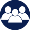 Dark blue icon of three people in a group